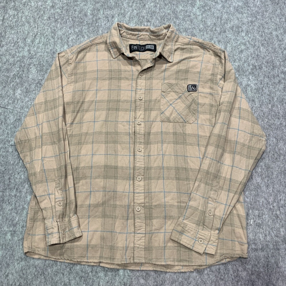 Fintech Men's Long Sleeve Button Front Flannel Shirt Plaid Beige - Size XXL
